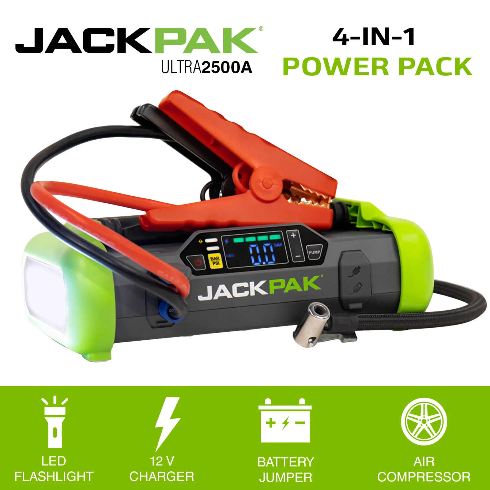 JackPak ULTRA2500A lithium jump starter with color-coded copper clamps